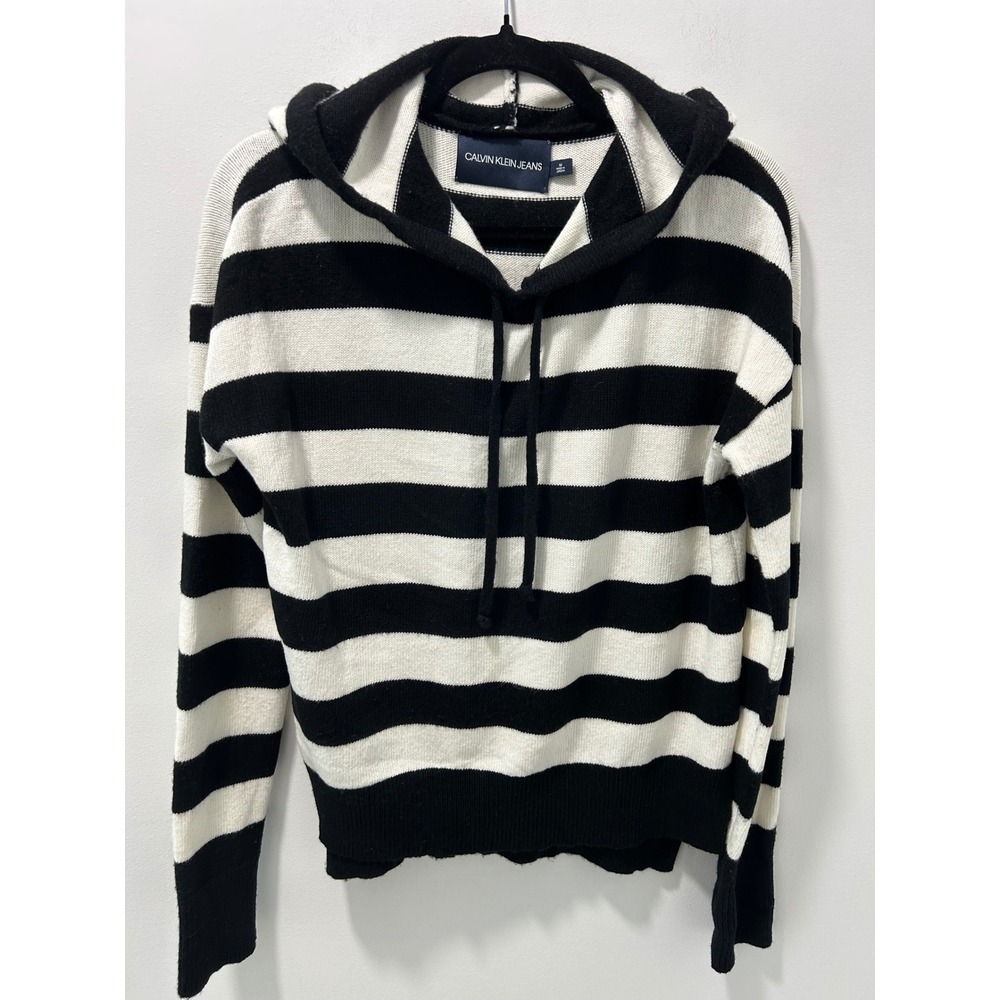 Calvin Klein Jeans Women Black White Striped Knit Hoodie Sweater Size M